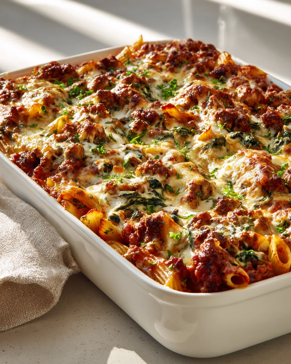 Easy Italian Beef Sausage Baked Mostaccioli with Spinach