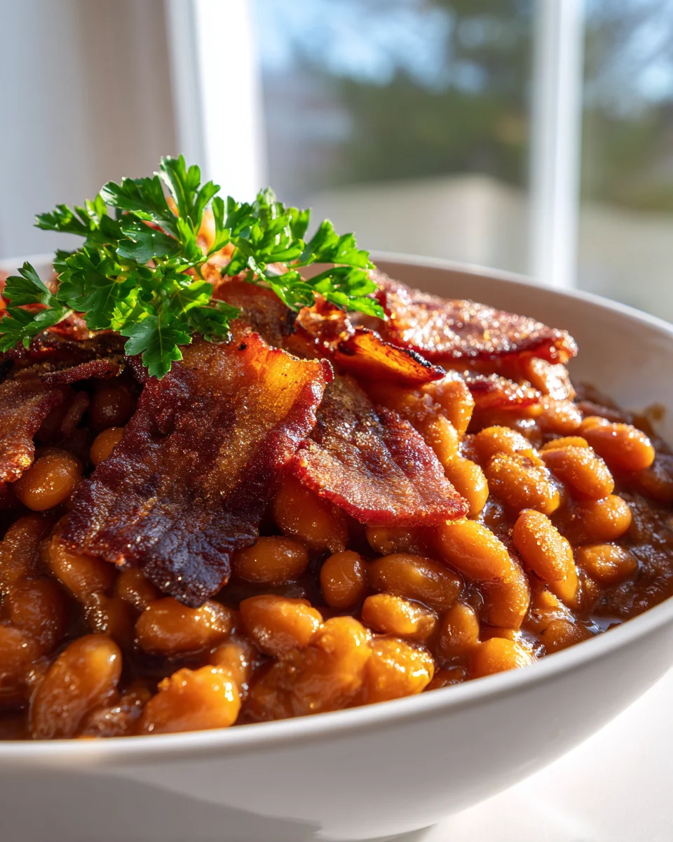 Irresistible Spicy Baked Beans with Beef Bacon & Brown Sugar