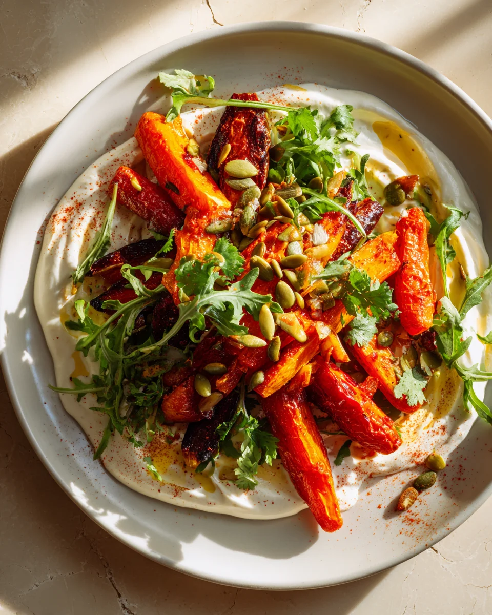 Spicy Harissa Roasted Carrot Salad with Yogurt Drizzle