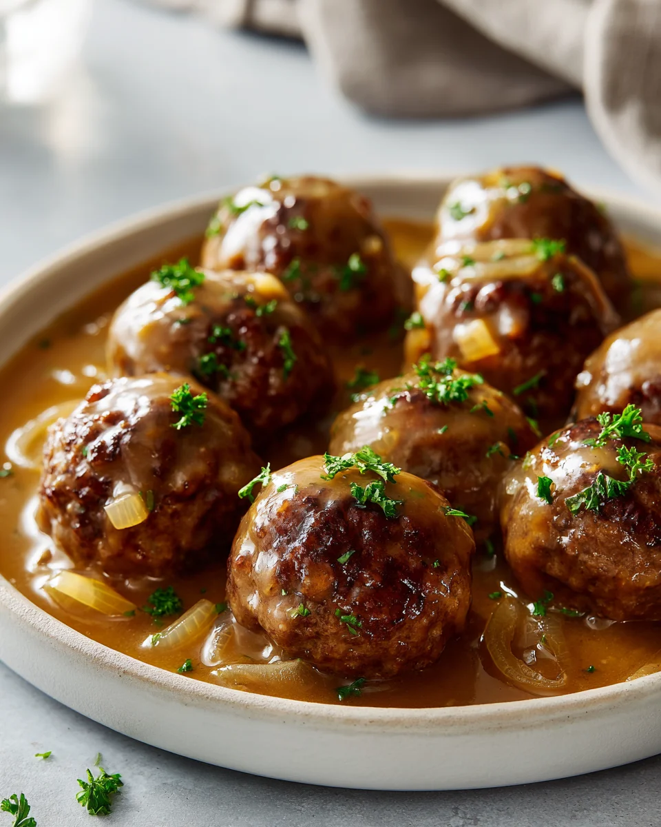 Creamy Ground Beef Meatballs with Rich Onion Gravy