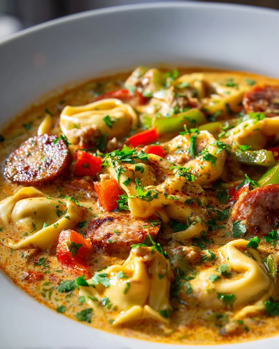 Creamy Spicy Cajun Beef Sausage Tortellini Soup