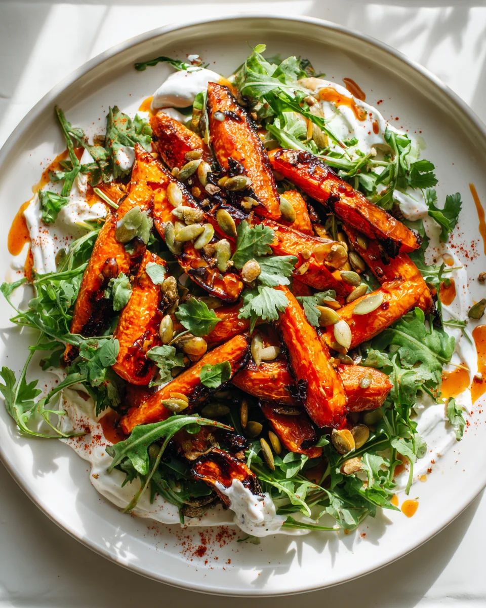 Spicy Harissa Roasted Carrot Salad with Yogurt Drizzle