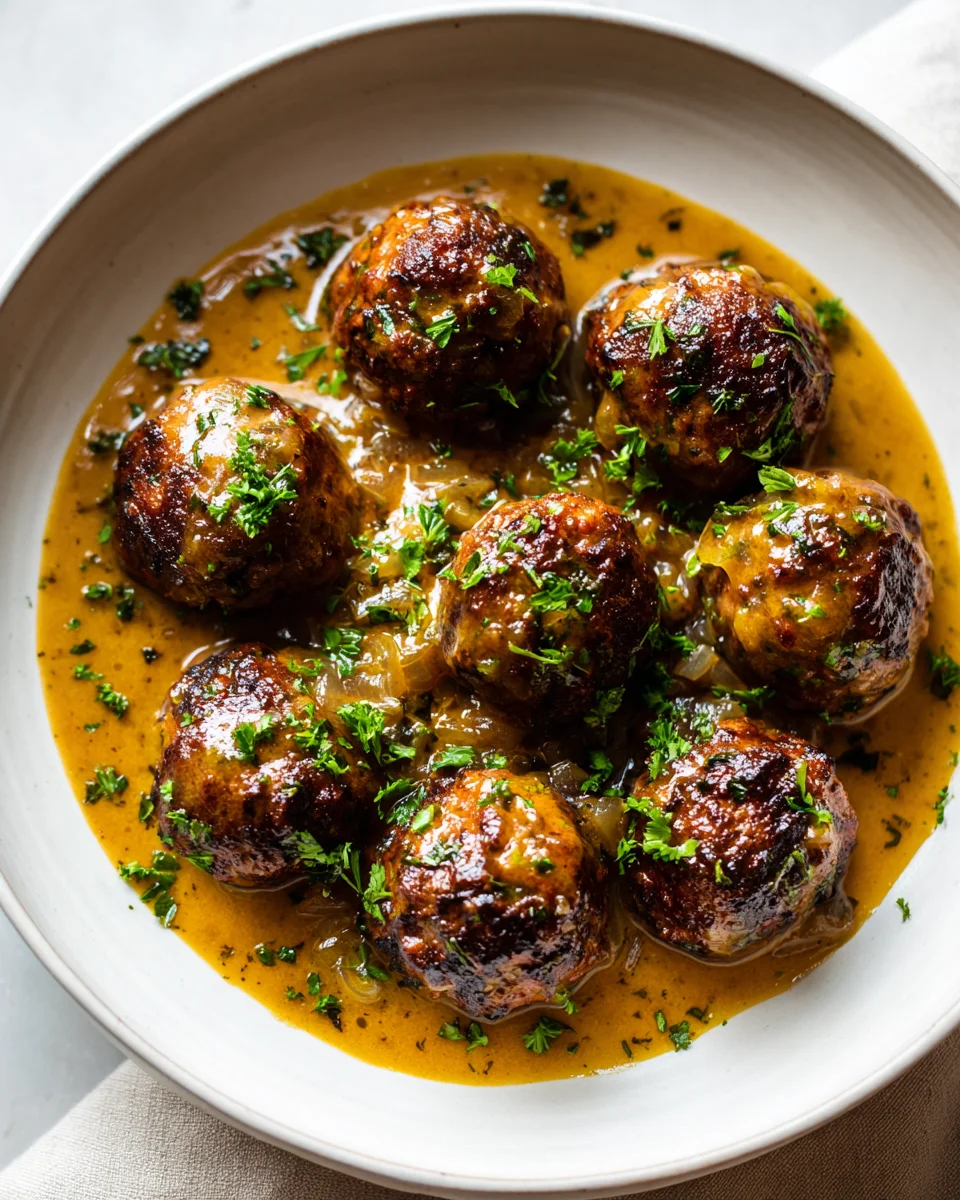 Creamy Ground Beef Meatballs with Rich Onion Gravy