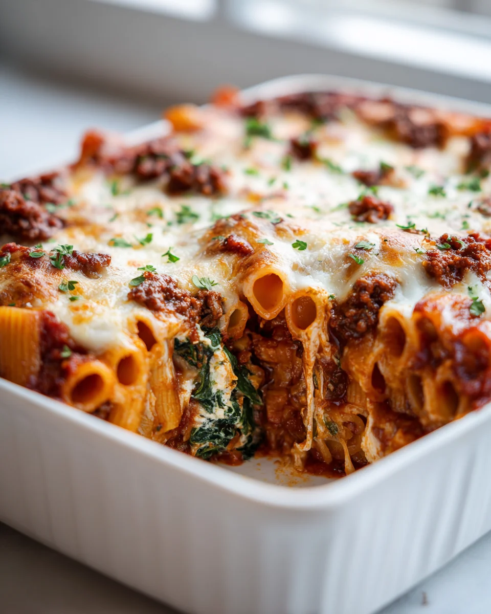 Easy Italian Beef Sausage Baked Mostaccioli with Spinach