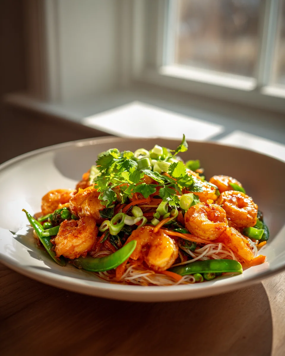 Spicy Shrimp and Veggie Stir Fry with Rice Noodles Delight