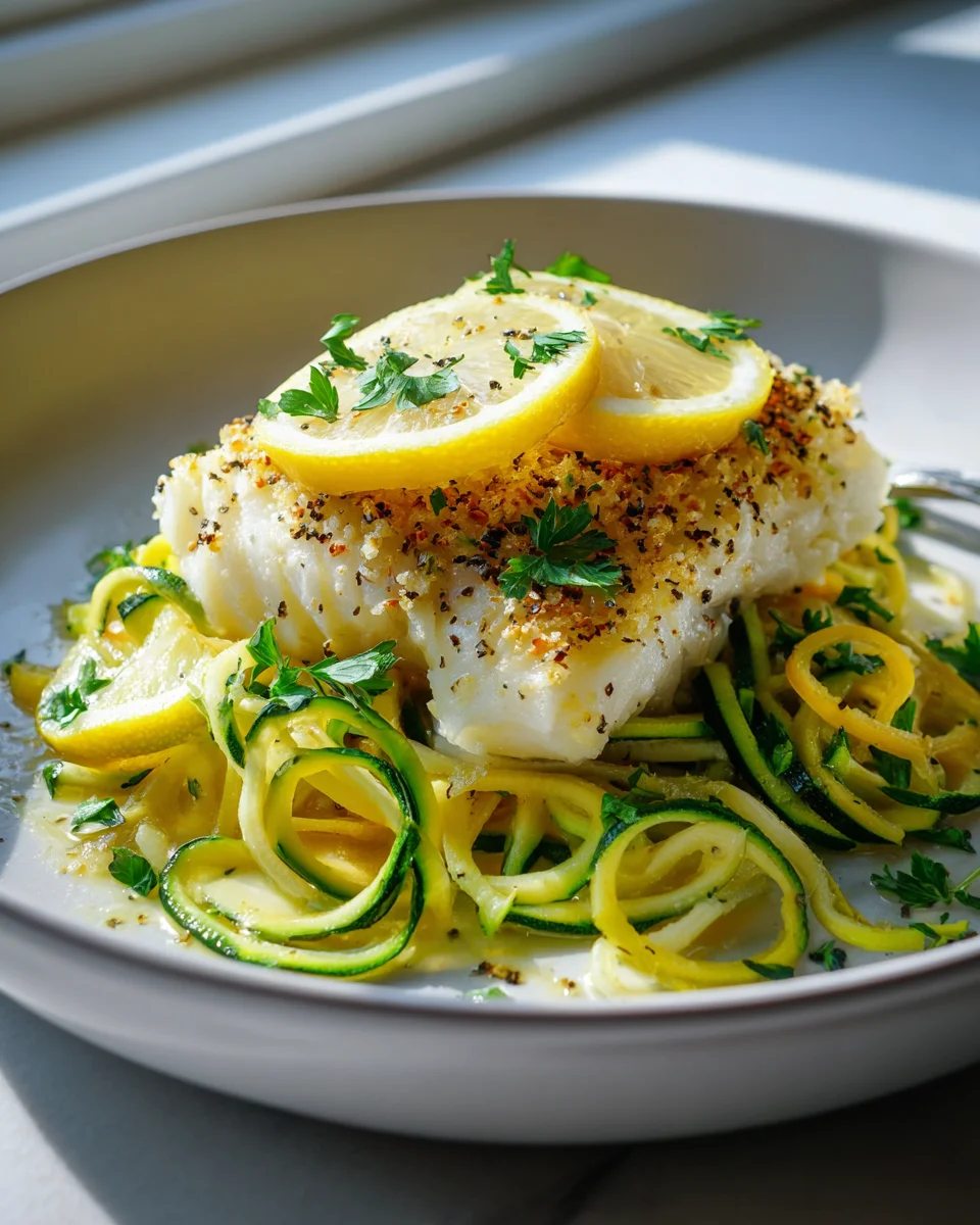 Baked Lemon Garlic Cod with Zucchini Noodles Recipe Delight