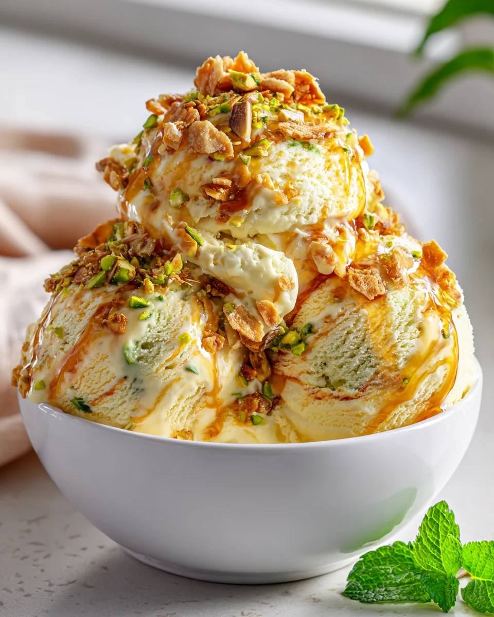 Baklava Pistachio Cheesecake Ice Cream with Crunchy Swirl Delight