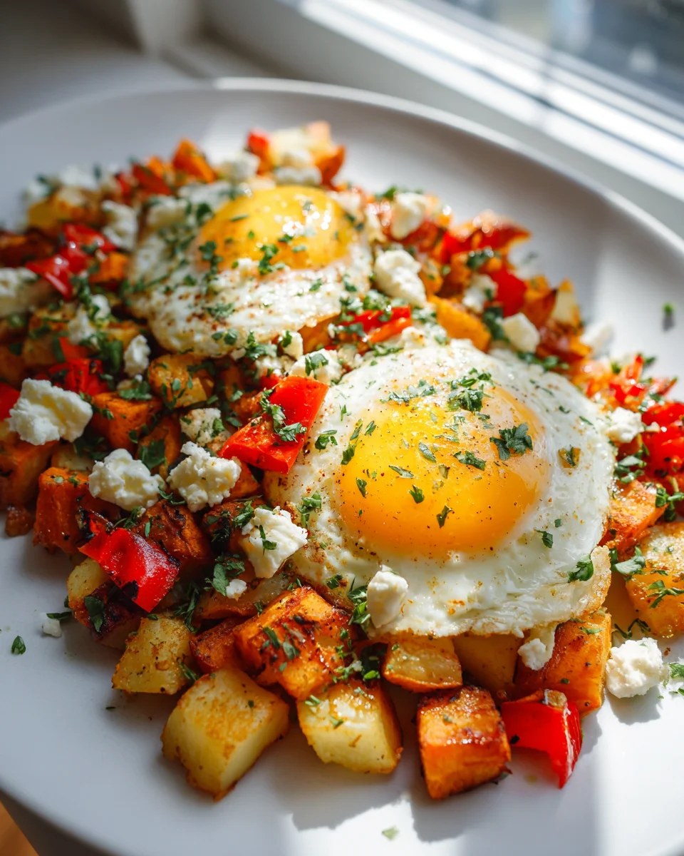 Honey Feta Sweet Potato Breakfast Hash with Eggs Recipe
