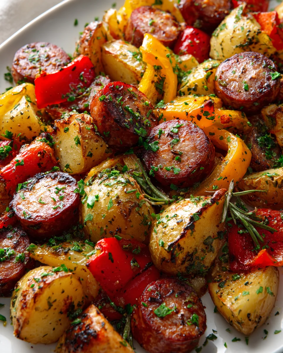 Sheet Pan Beef Kielbasa with Roasted Potatoes & Peppers