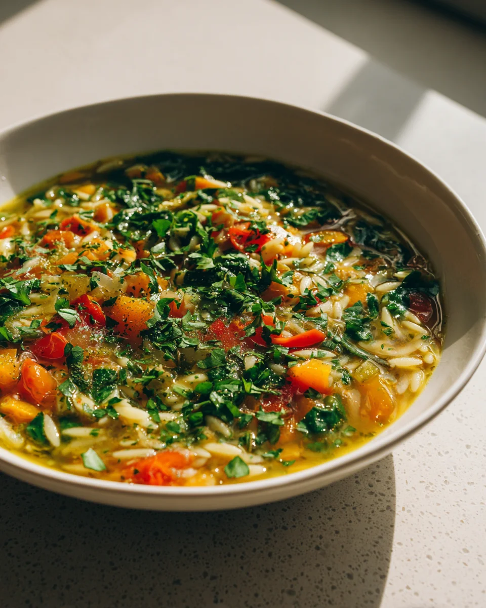 Mediterranean Vegetable Orzo Spinach Soup - Healthy & Delicious!