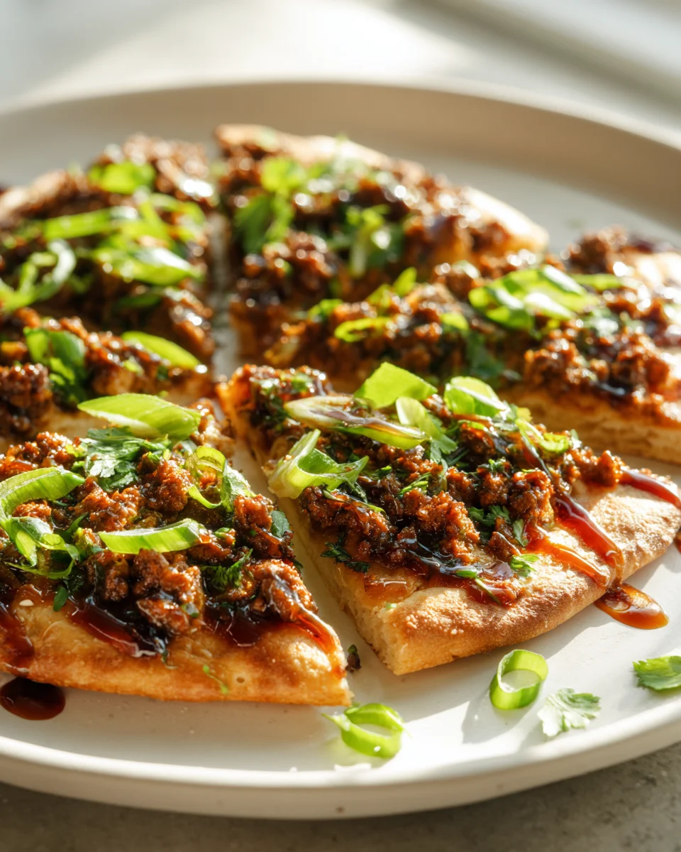 Korean Ground Beef Flatbread Pizza with Sweet Soy Drizzle Recipe