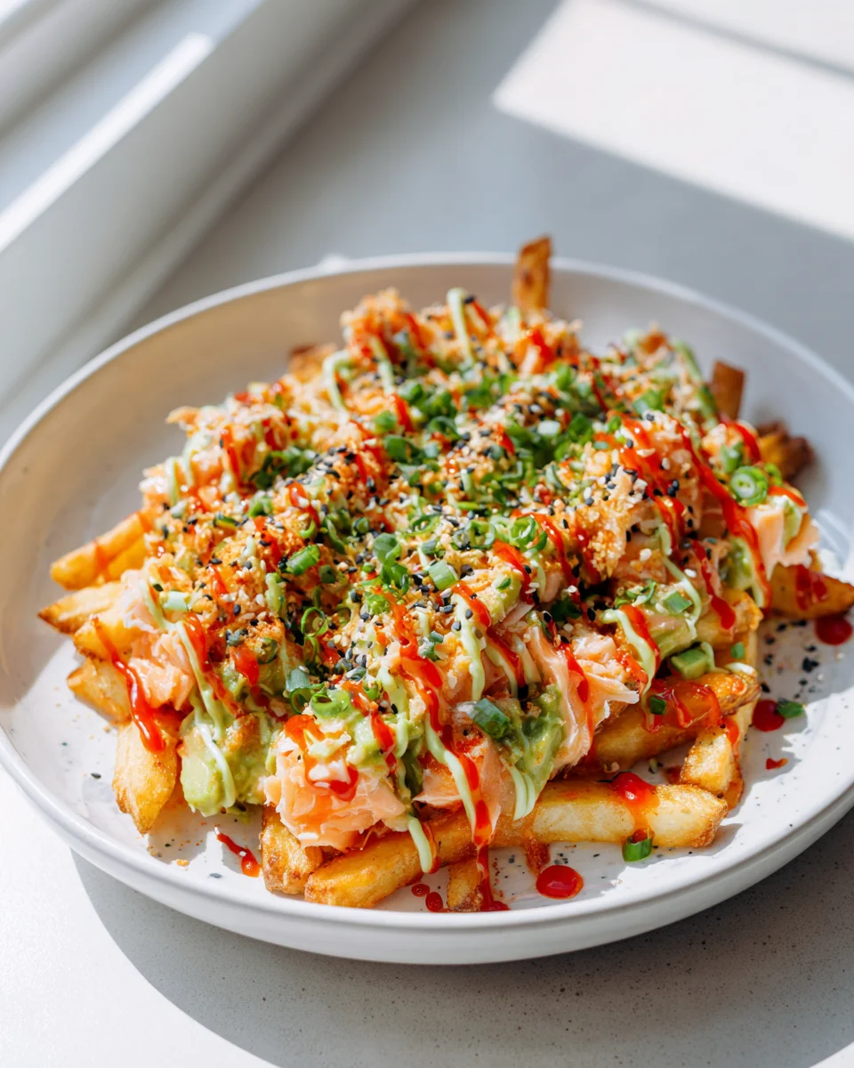 Salmon Sushi Bake Loaded Fries with Spicy Sauce Recipe