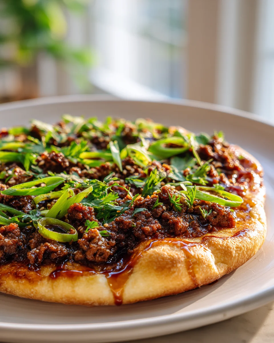 Korean Ground Beef Flatbread Pizza with Sweet Soy Drizzle Recipe