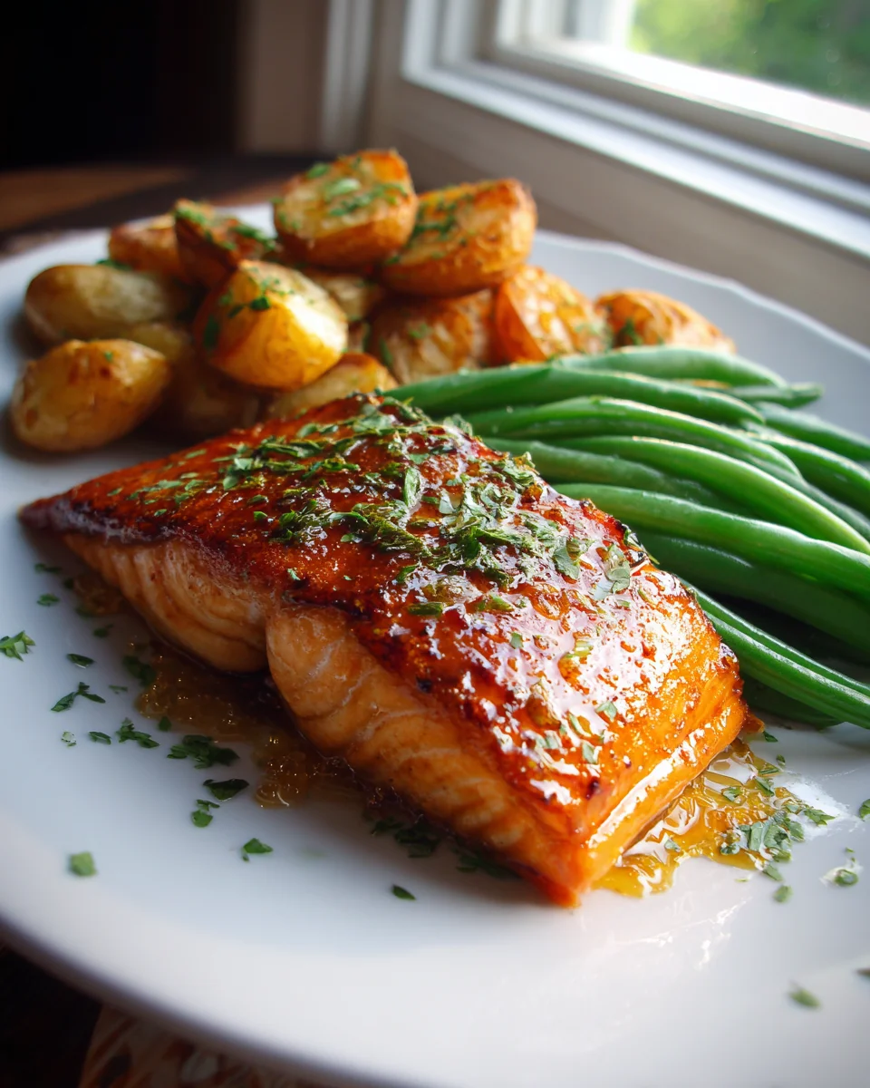 Honey Glazed Salmon Recipe with Crispy Potatoes & Green Beans