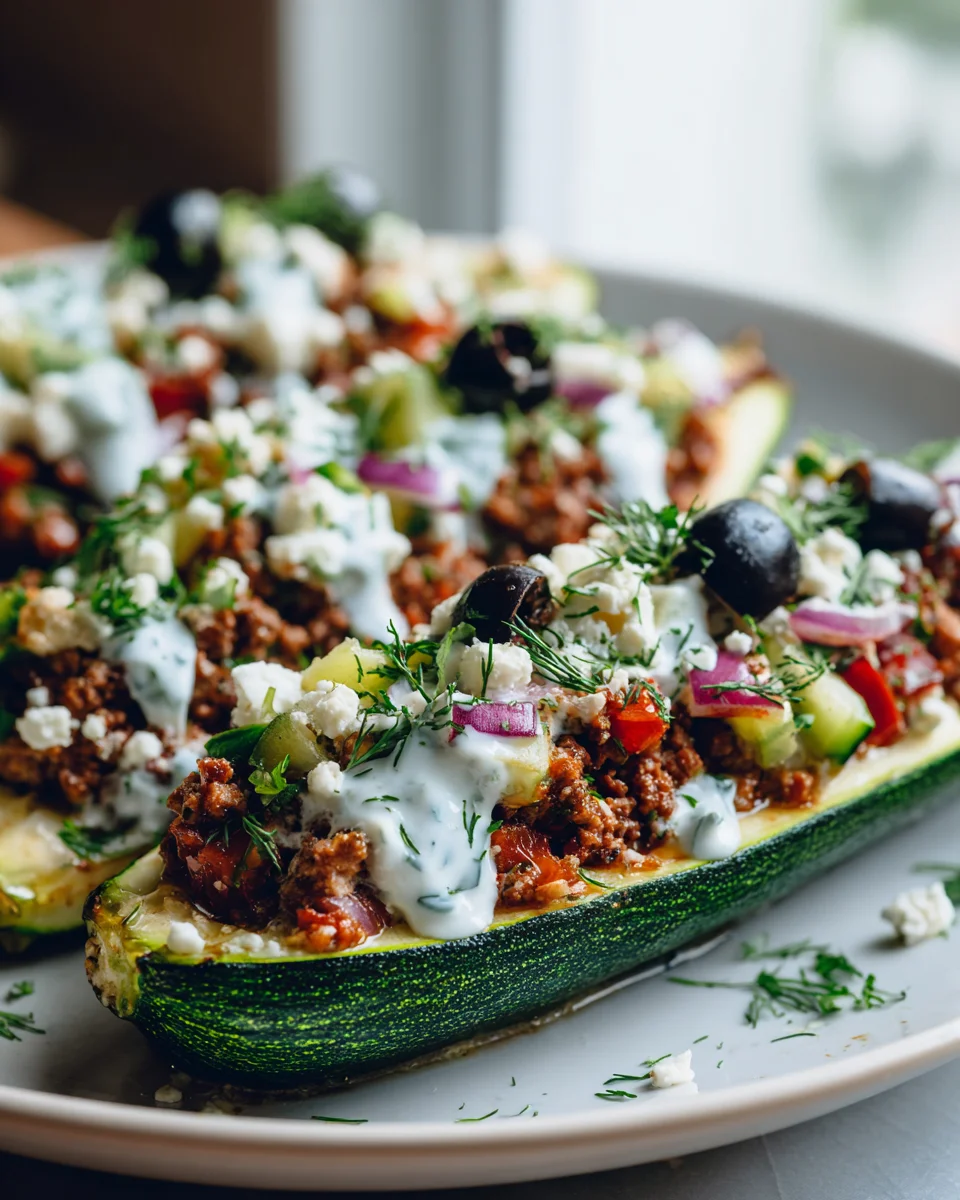 Greek Gyro Stuffed Zucchini Boats with Beef and Fresh Herbs