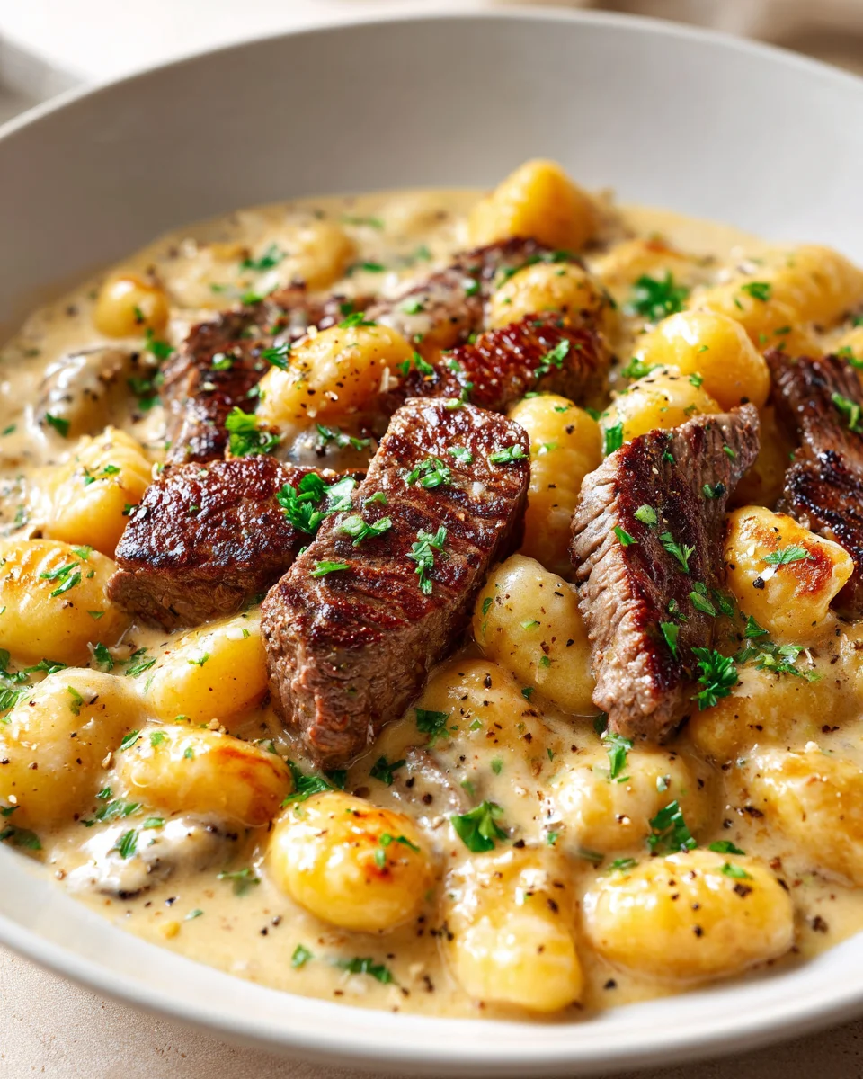 Garlic Butter Steak Gnocchi Skillet with Parmesan Cream Delight