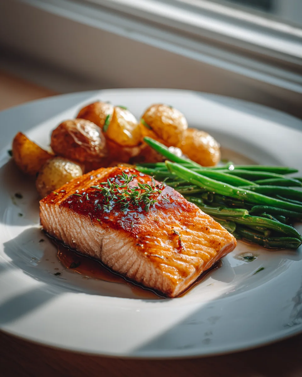 Honey Glazed Salmon Recipe with Crispy Potatoes & Green Beans