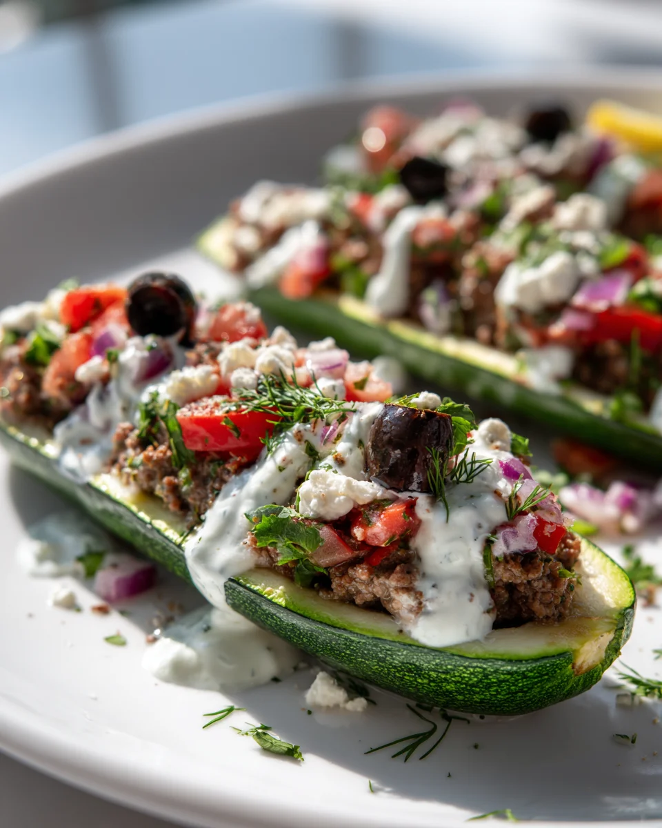 Greek Gyro Stuffed Zucchini Boats with Beef and Fresh Herbs