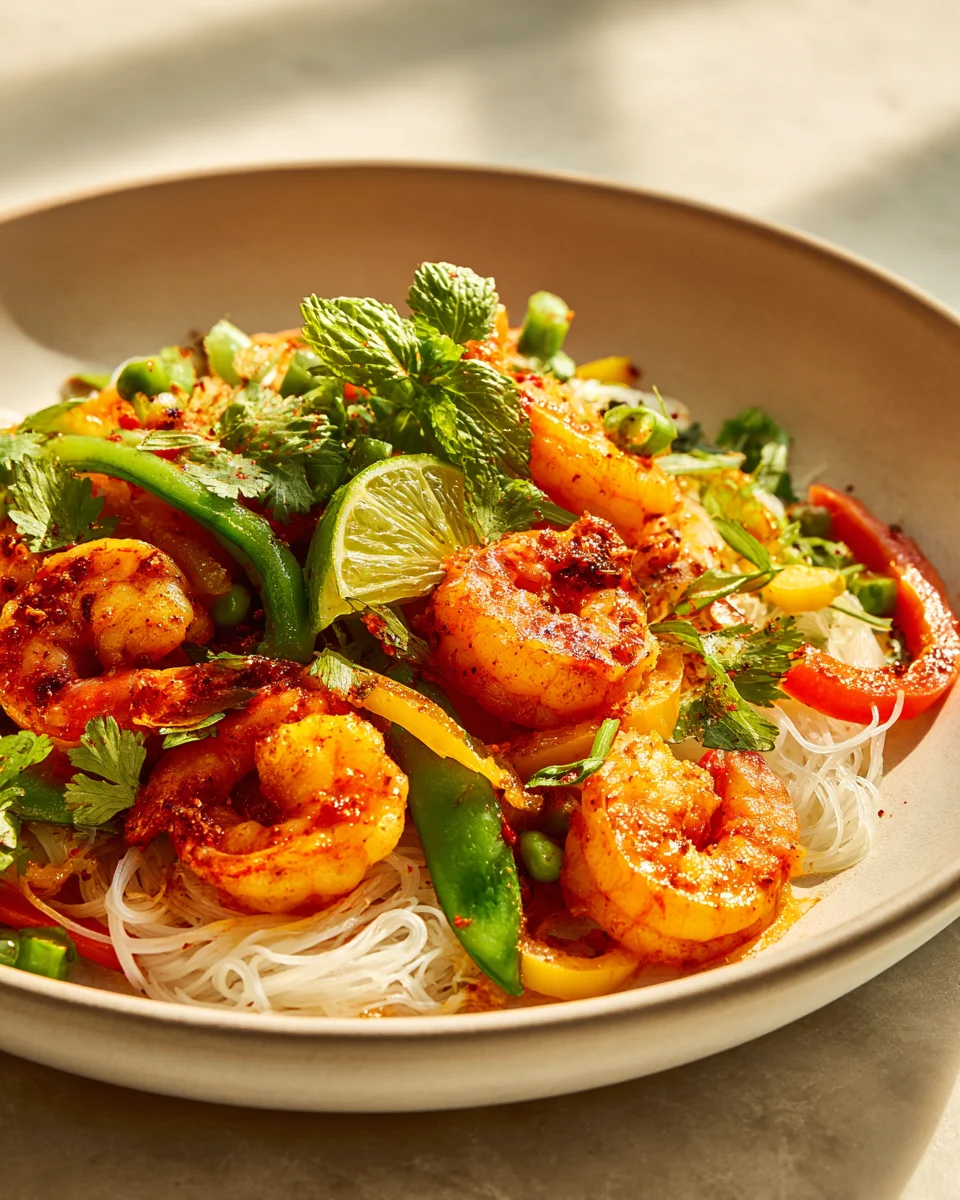 Spicy Shrimp and Veggie Stir Fry with Rice Noodles Delight